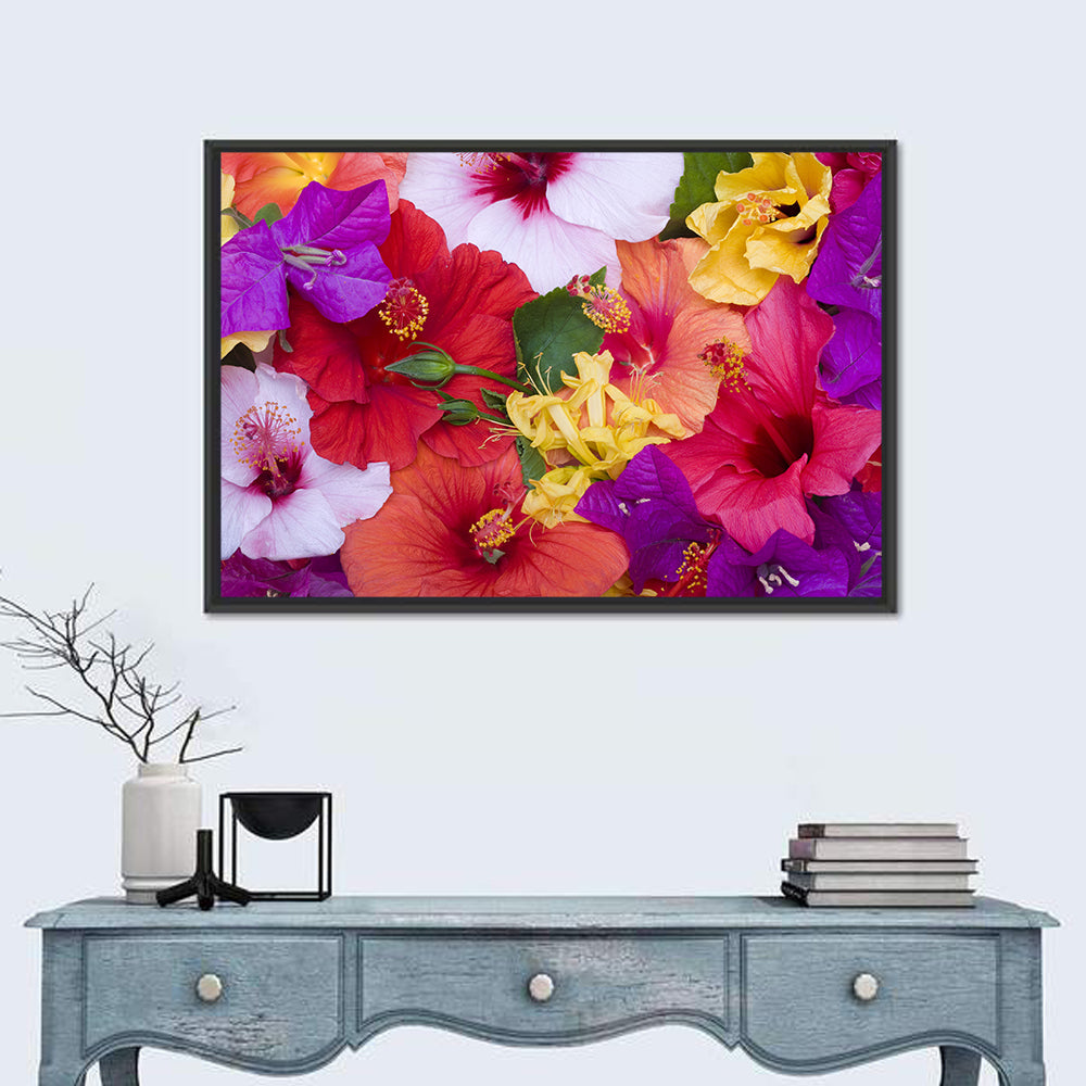 Tropical Bougainvillea and Hibiscus Bloom Wall Art in a room, landscape