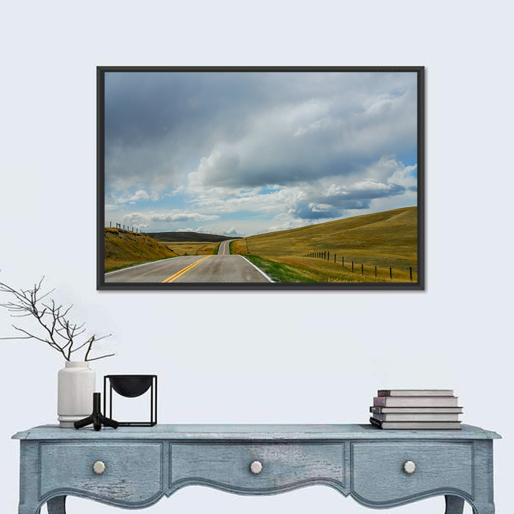 Montana Road Through Golden Hills Wall Art in a room, landscape