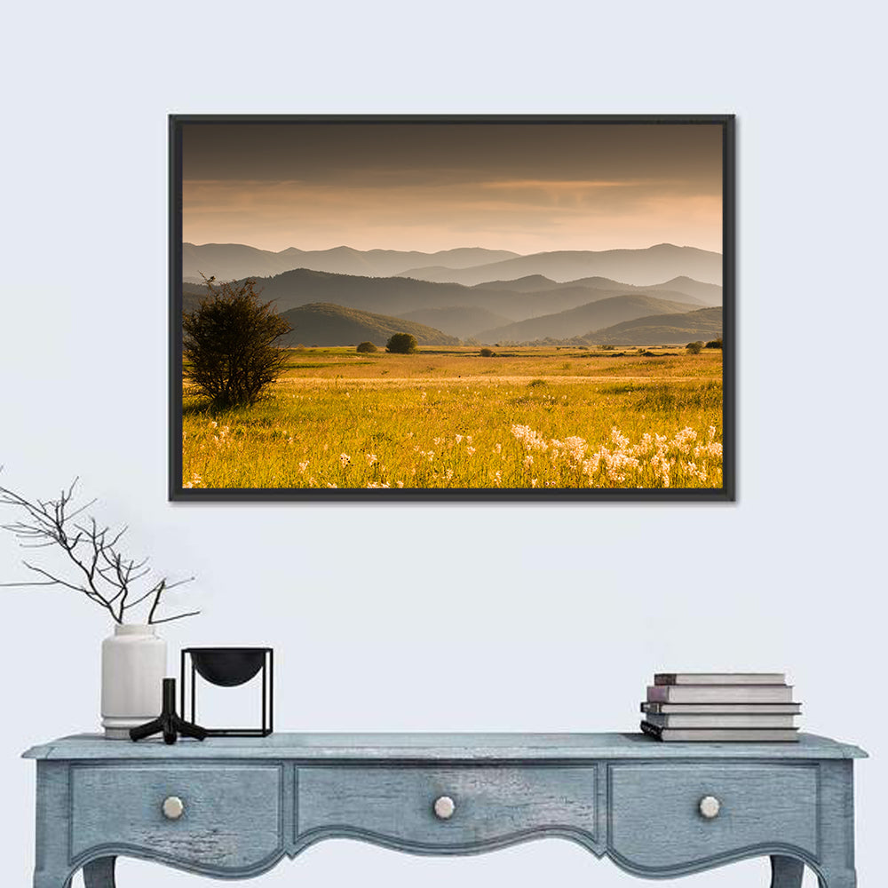 Golden Hour Countryside Hills Wall Art in a room, landscape