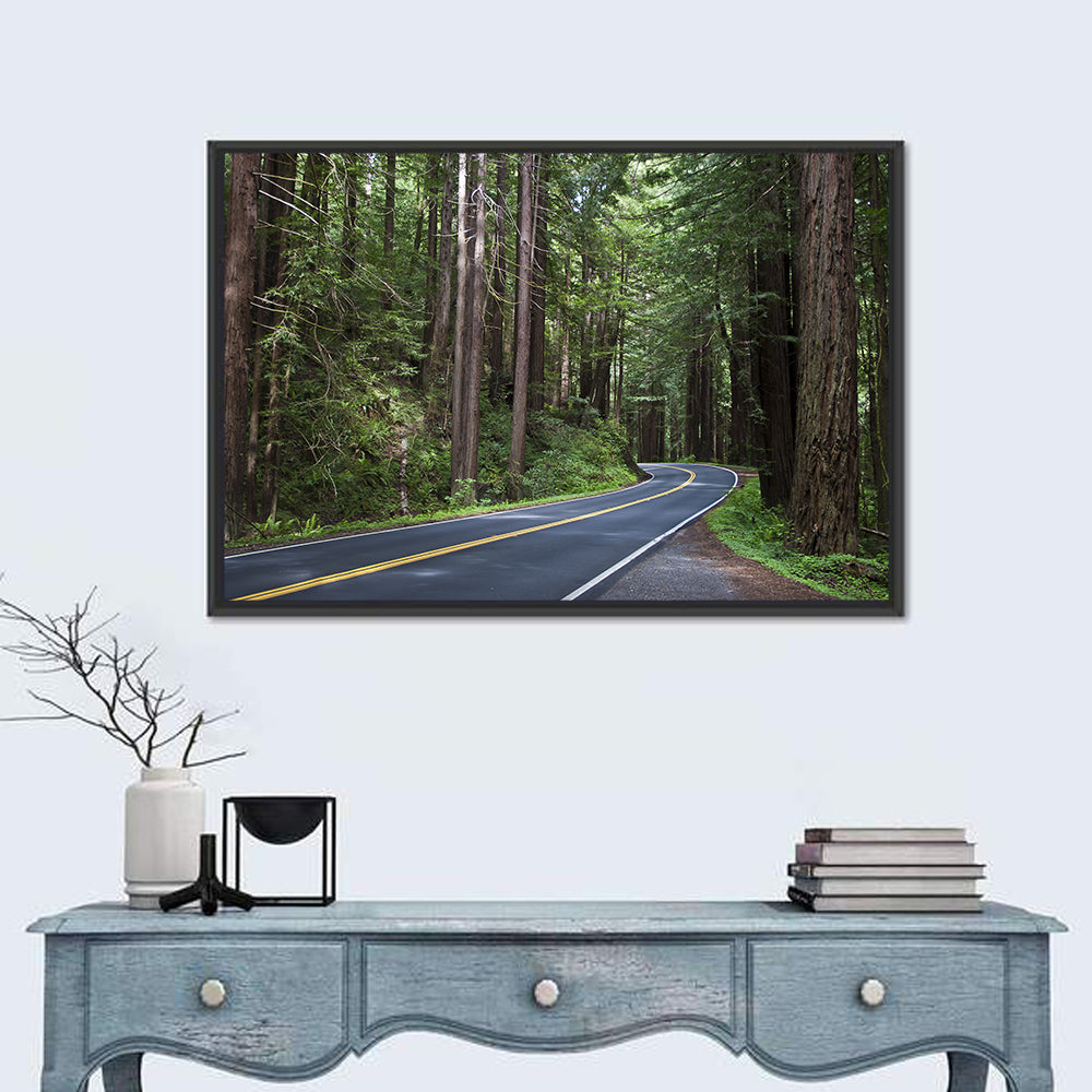Winding Redwood Forest Road Wall Art in a room, landscape