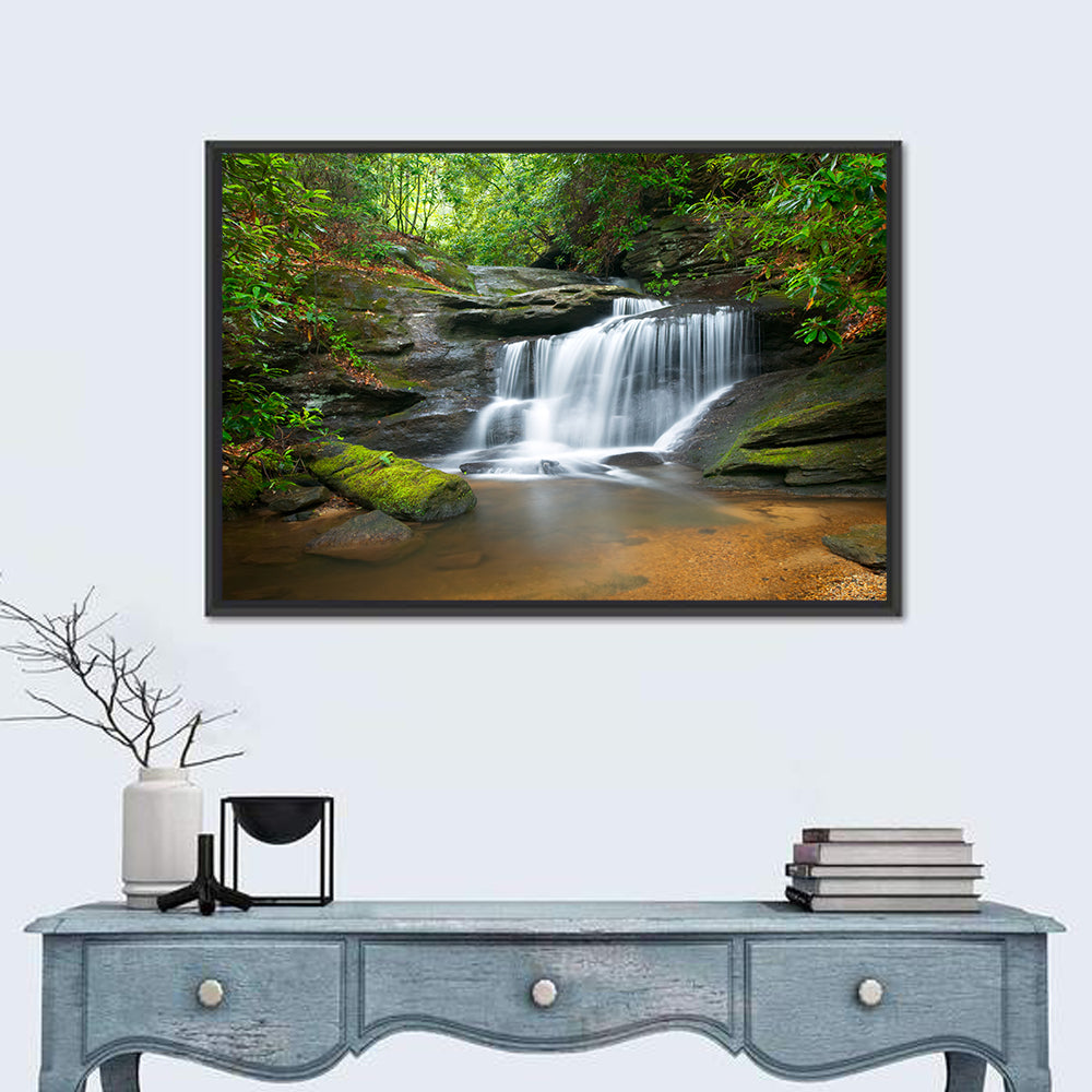 Blue Ridge Mossy Waterfall Wall Art in a room, landscape