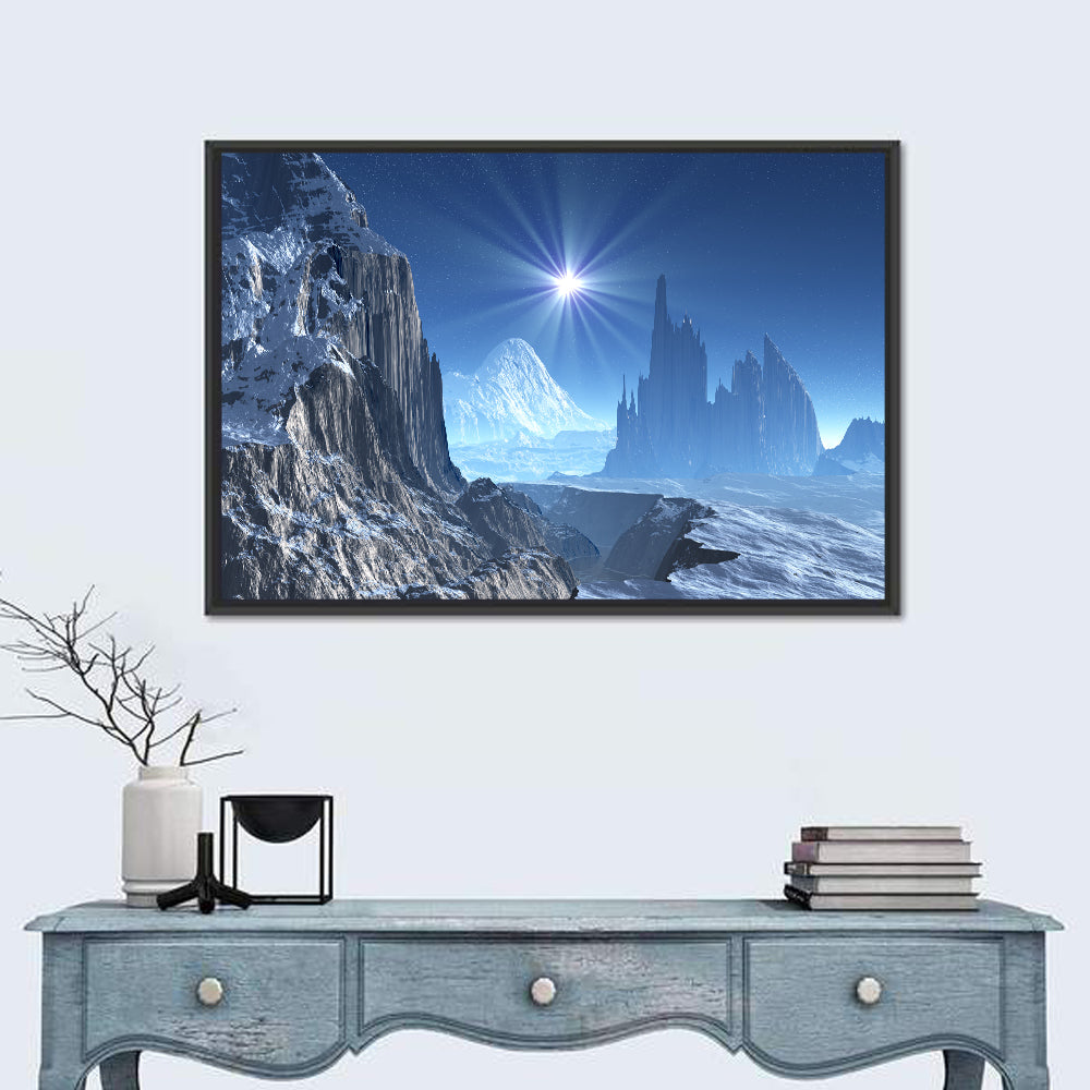 Nightfall on Frozen Alien World Wall Art in a room, landscape