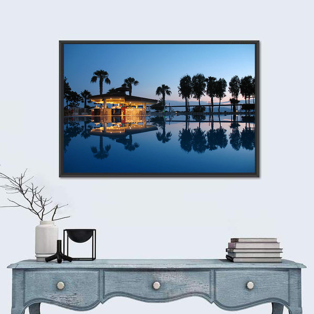 Twilight Poolside Bar Wall Art in a room, landscape