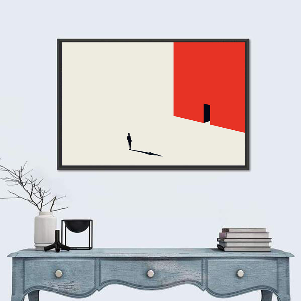 Solitary Figure with Red Door Wall Art in a room, landscape
