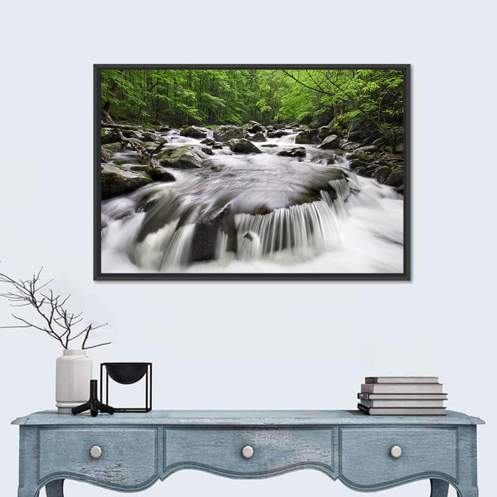 Smoky Mountains Cascading Stream Wall Art in a room, landscape