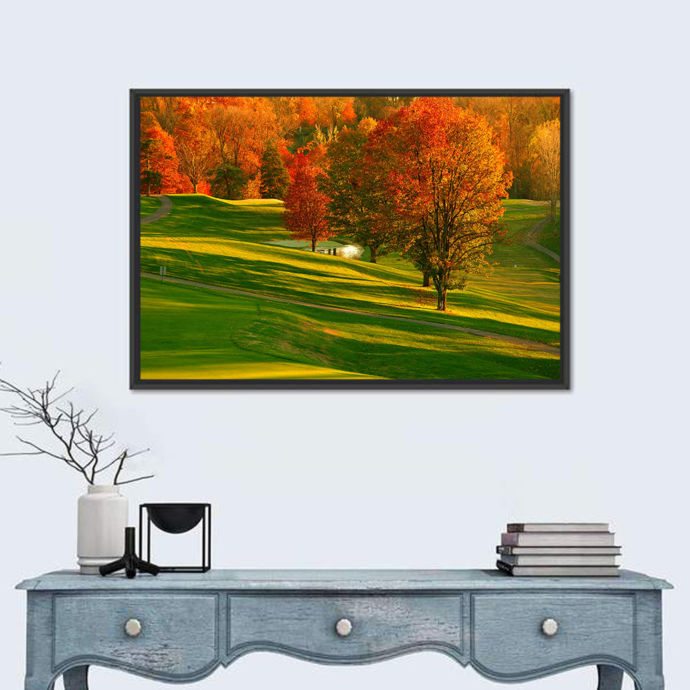 Golden Hour Golf Course Wall Art in a room, landscape