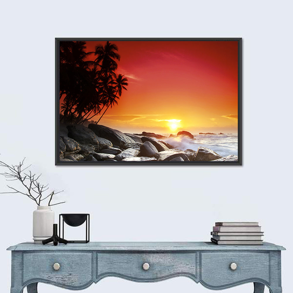 Tropical Island Sunset Wall Art in a room, landscape