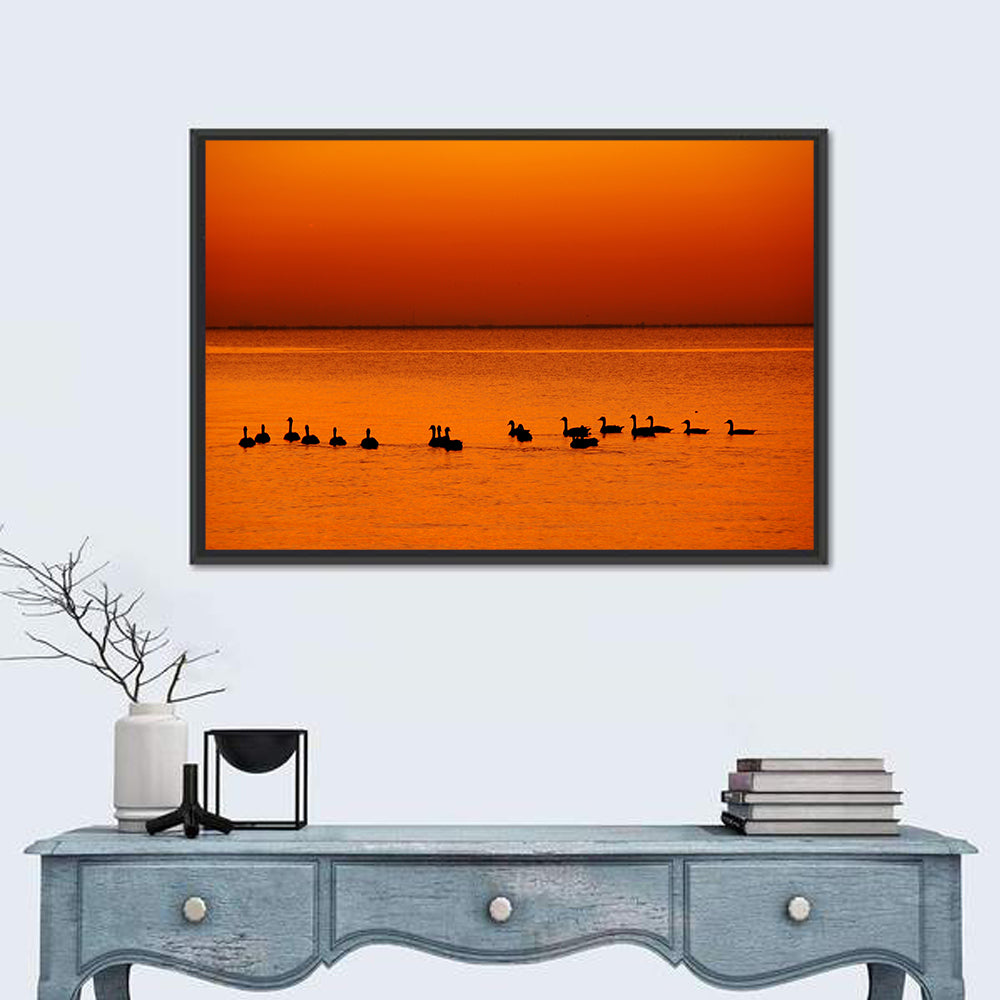 Geese Silhouettes at Orange Sunset Wall Art