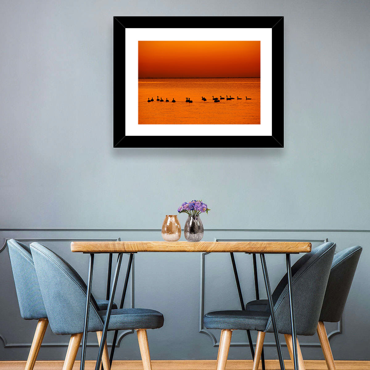 Geese Silhouettes at Orange Sunset Wall Art