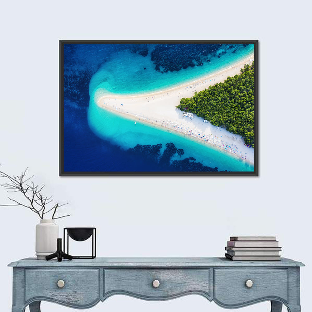 Zlatni Rat Beach Aerial Coast Wall Art in a room, landscape