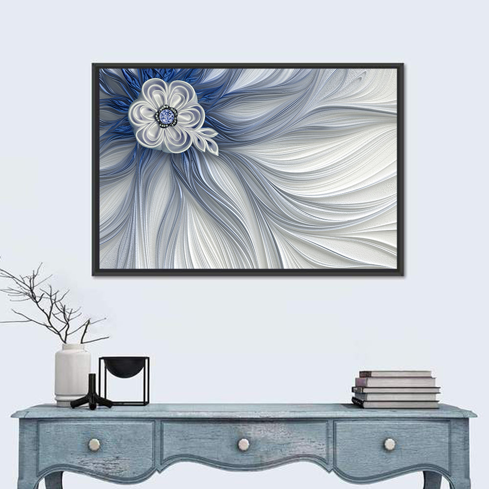 Fractal Flower with Blue Crystal Wall Art in a room, landscape