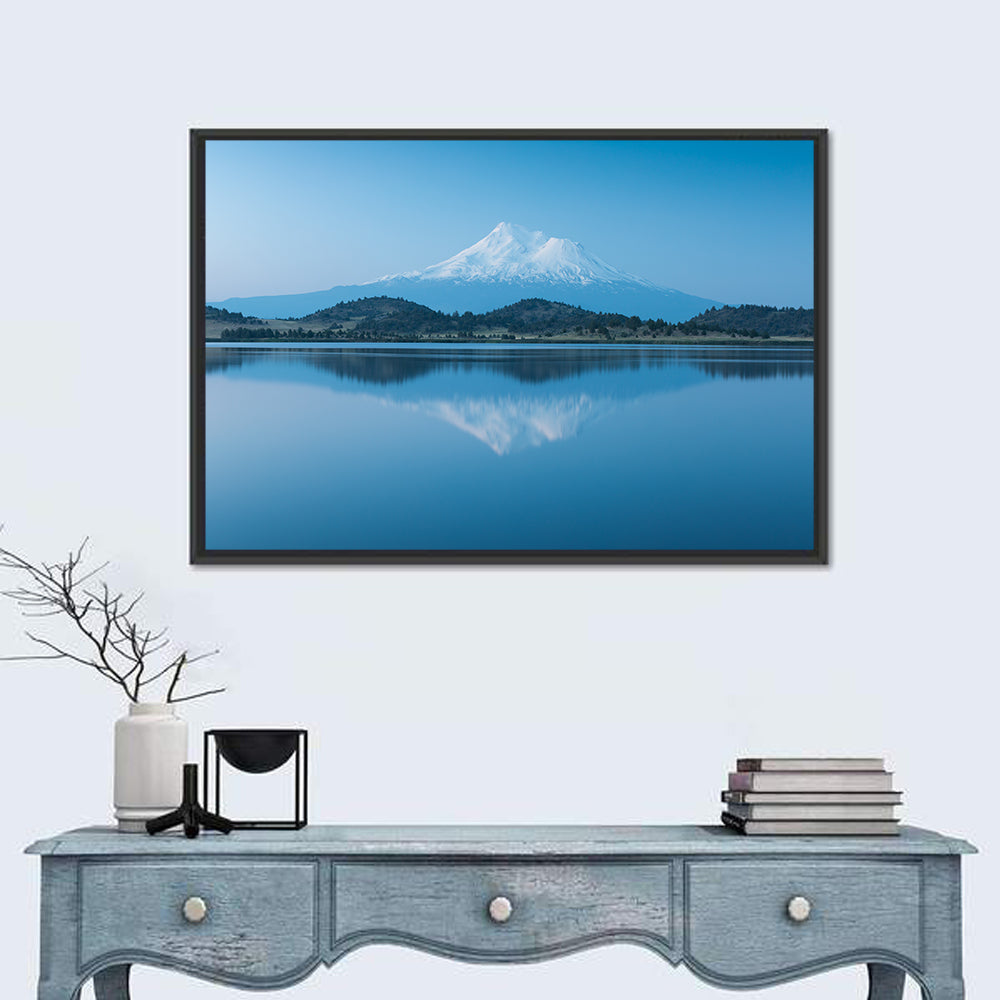 Snowy Mount Shasta Wall Art in a room, landscape