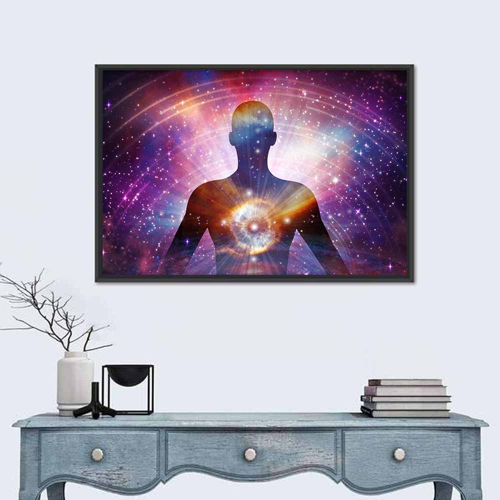 Soul Journey Cosmic Silhouette Wall Art in a room, landscape