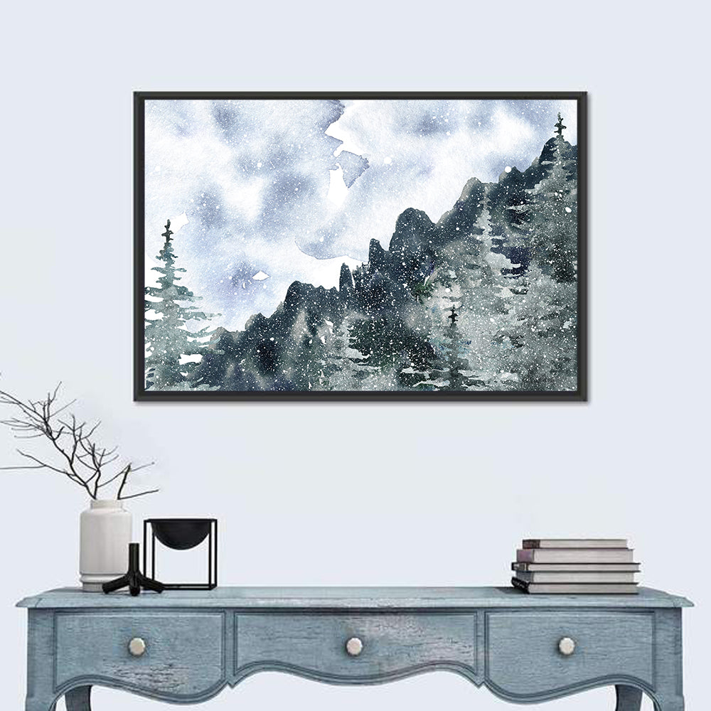 Snowfall Mountain Forest Illustration Wall Art in a room, landscape