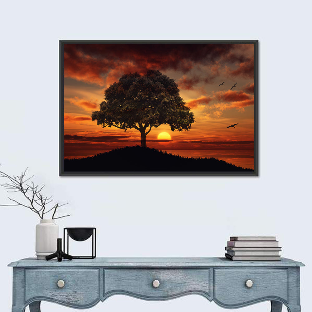 Lone Tree at Sunset with Birds Wall Art