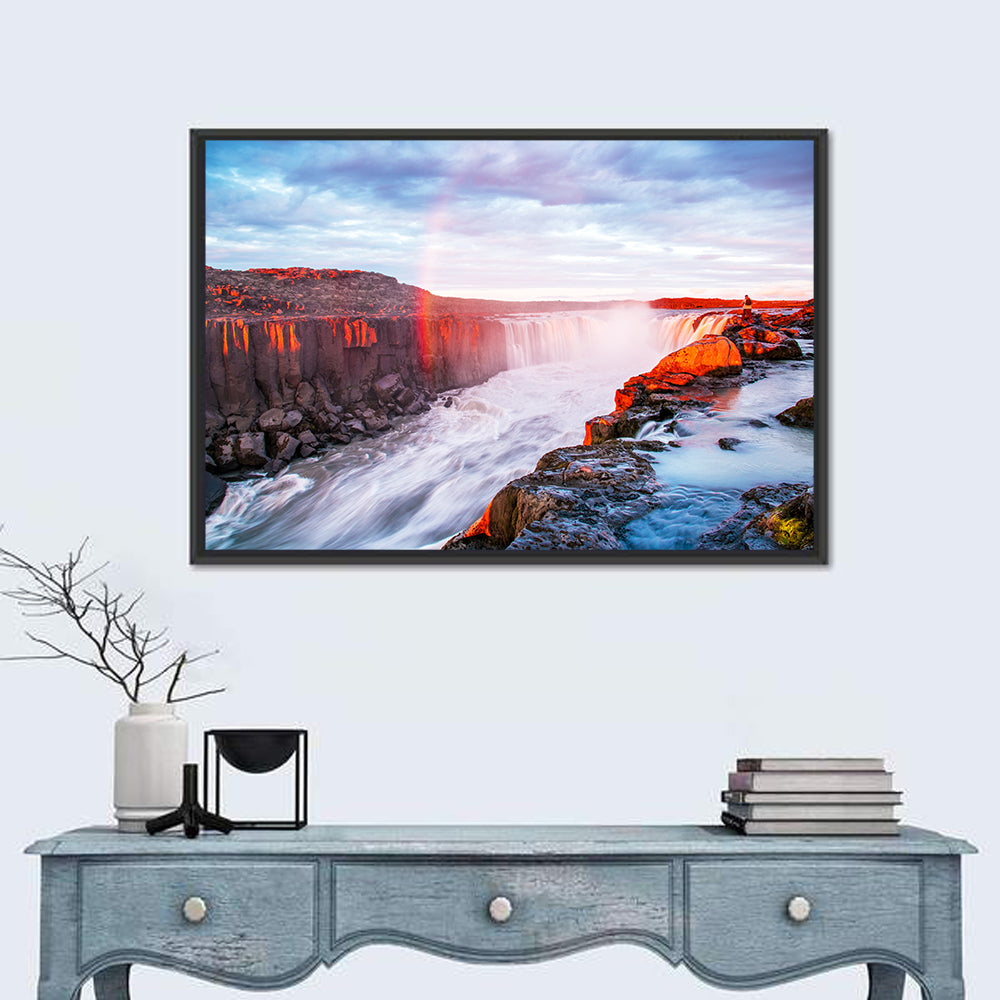 Golden Hour Selfoss Falls Rainbow Wall Art in a room, landscape