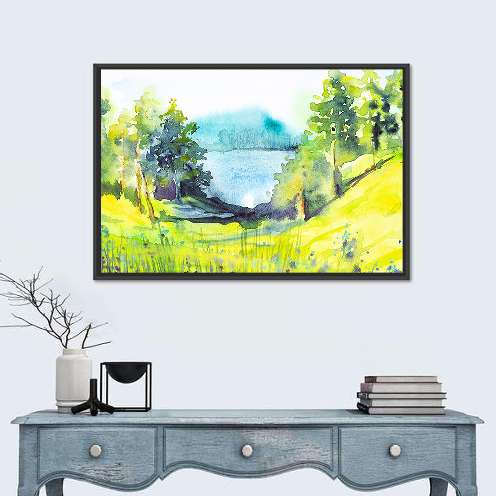 Summer Lakeside Forest Illustration Wall Art