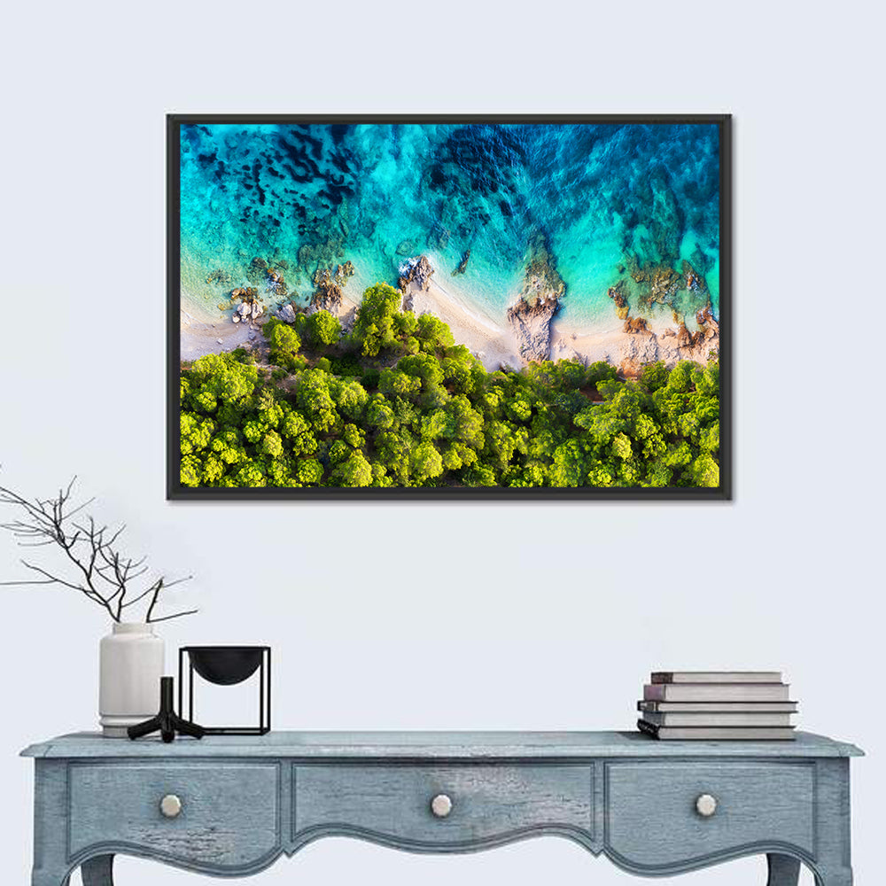 Croatian Turquoise Coastline Wall Art in a room, landscape