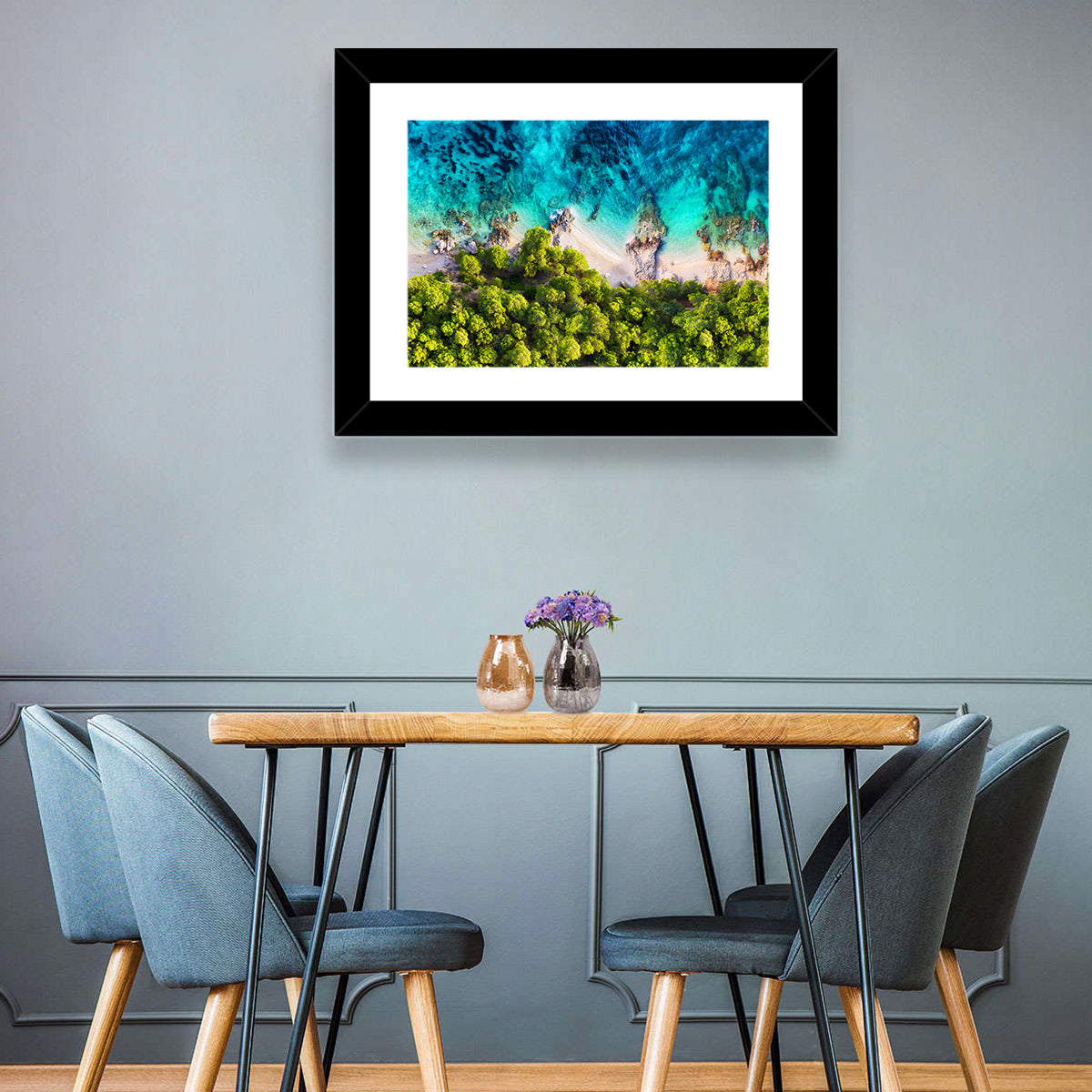 Croatian Turquoise Coastline Wall Art in a room, landscape