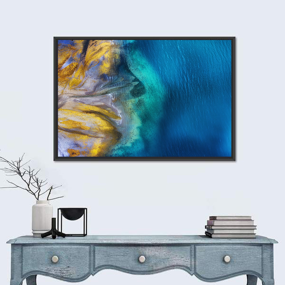 Golden Coast Abstract Wall Art in a room, landscape