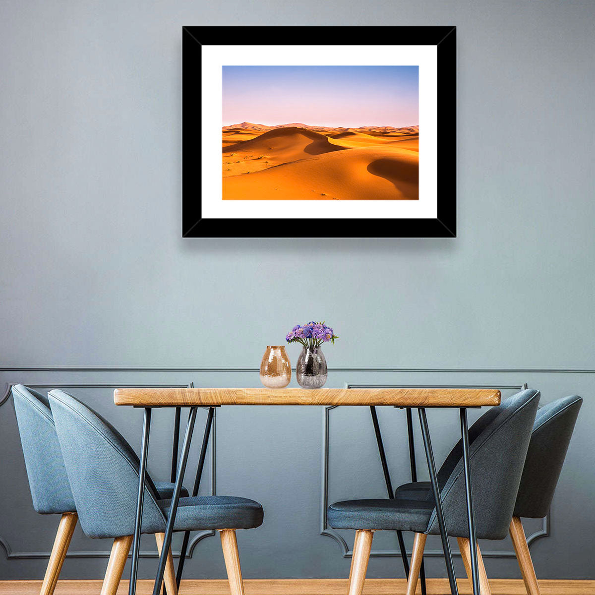 Golden Sahara Dunes Wall Art in a room, landscape
