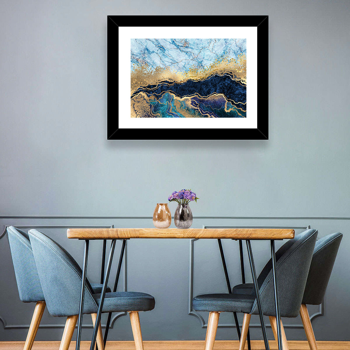 Blue Marble with Gold Veins Wall Art in a room, landscape