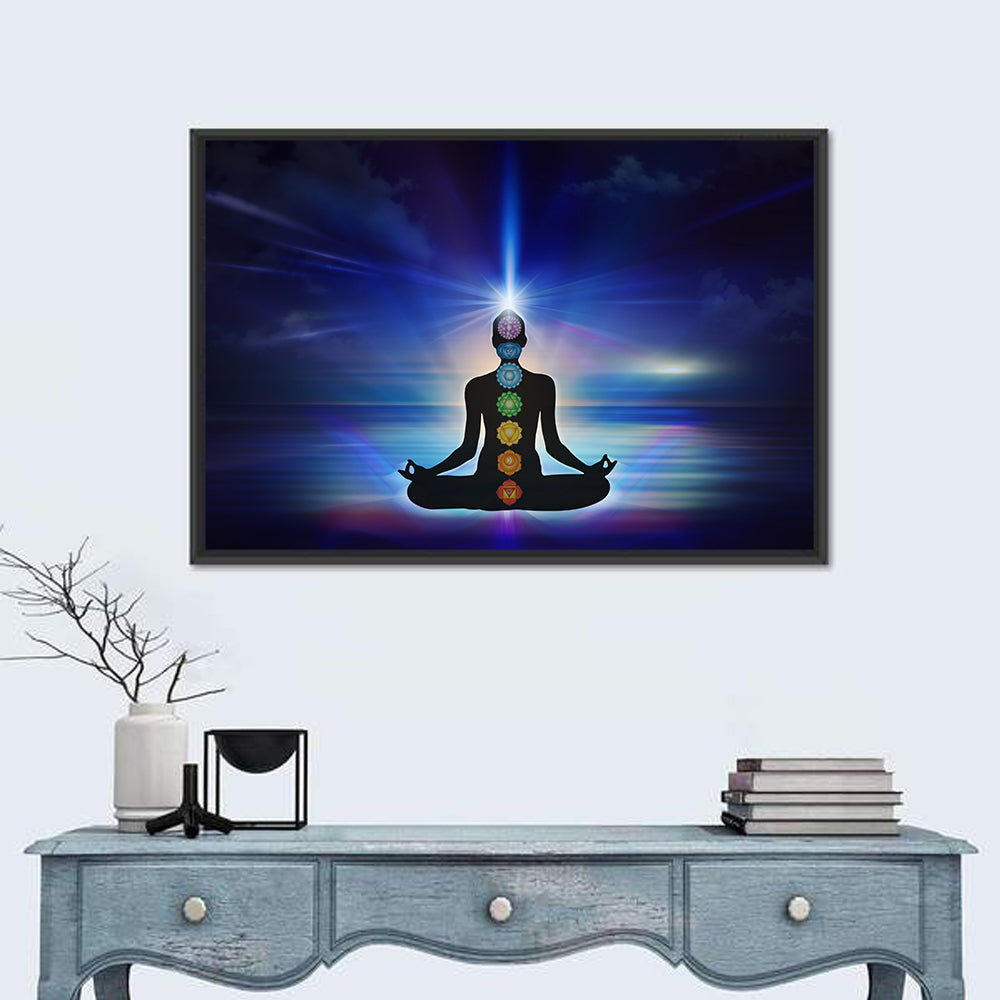 Lotus Pose with Chakra Symbols Wall Art in a room, landscape
