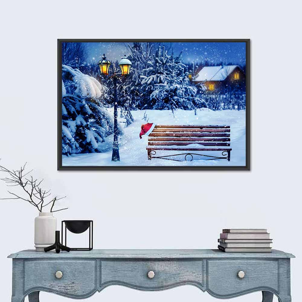 Snowy Bench in Winter Forest Wall Art