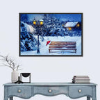 Snowy Bench in Winter Forest Wall Art