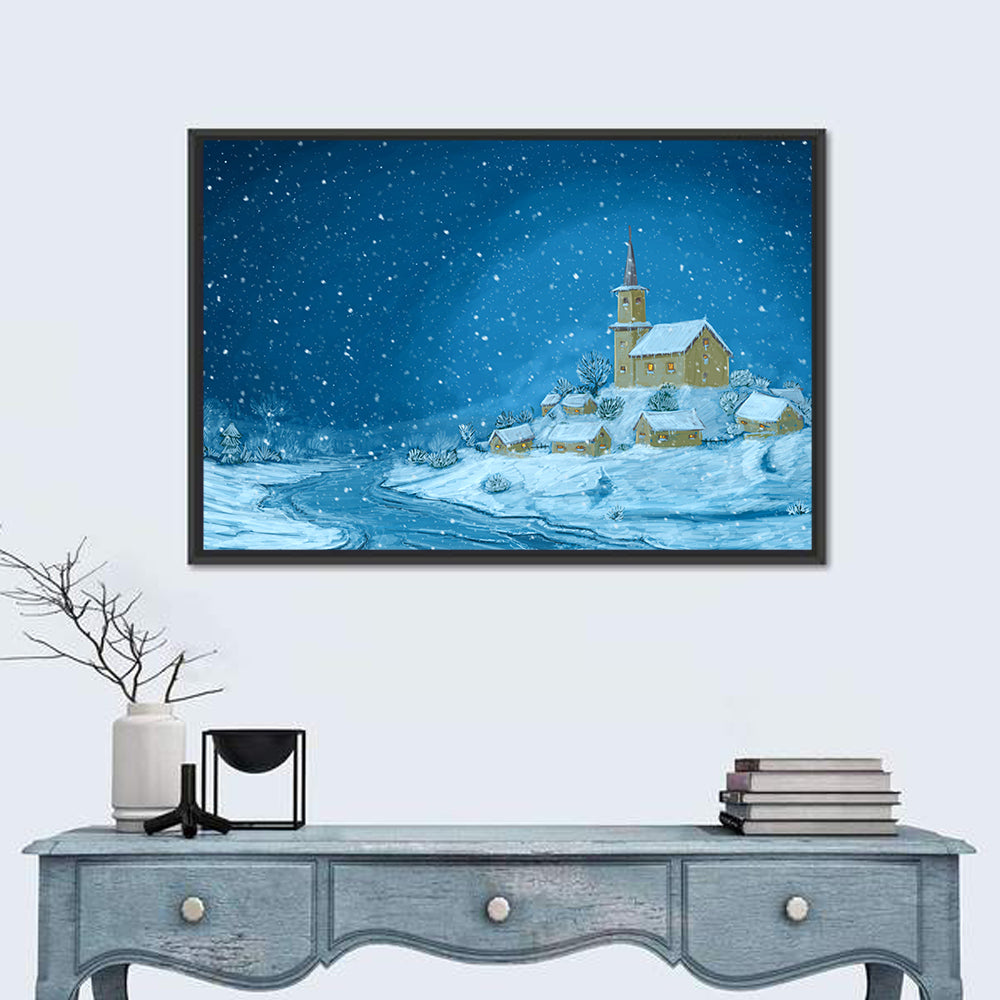 Snowy Village Church at Night Wall Art