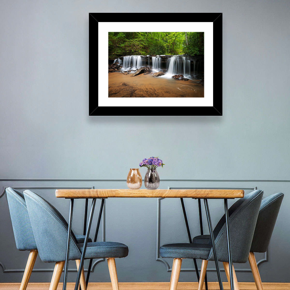 Lush Green Forest Waterfall Wall Art in a room, landscape
