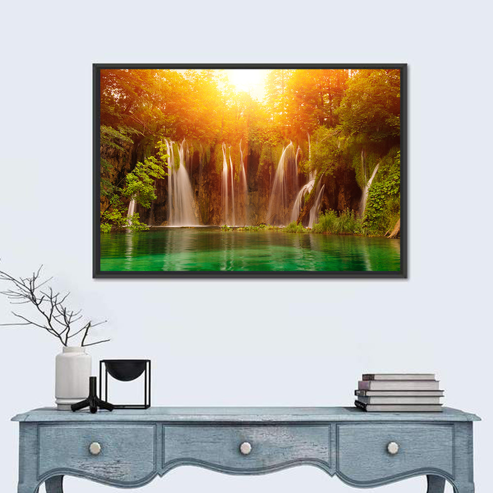 Plitvice Lakes Waterfalls Wall Art in a room, landscape