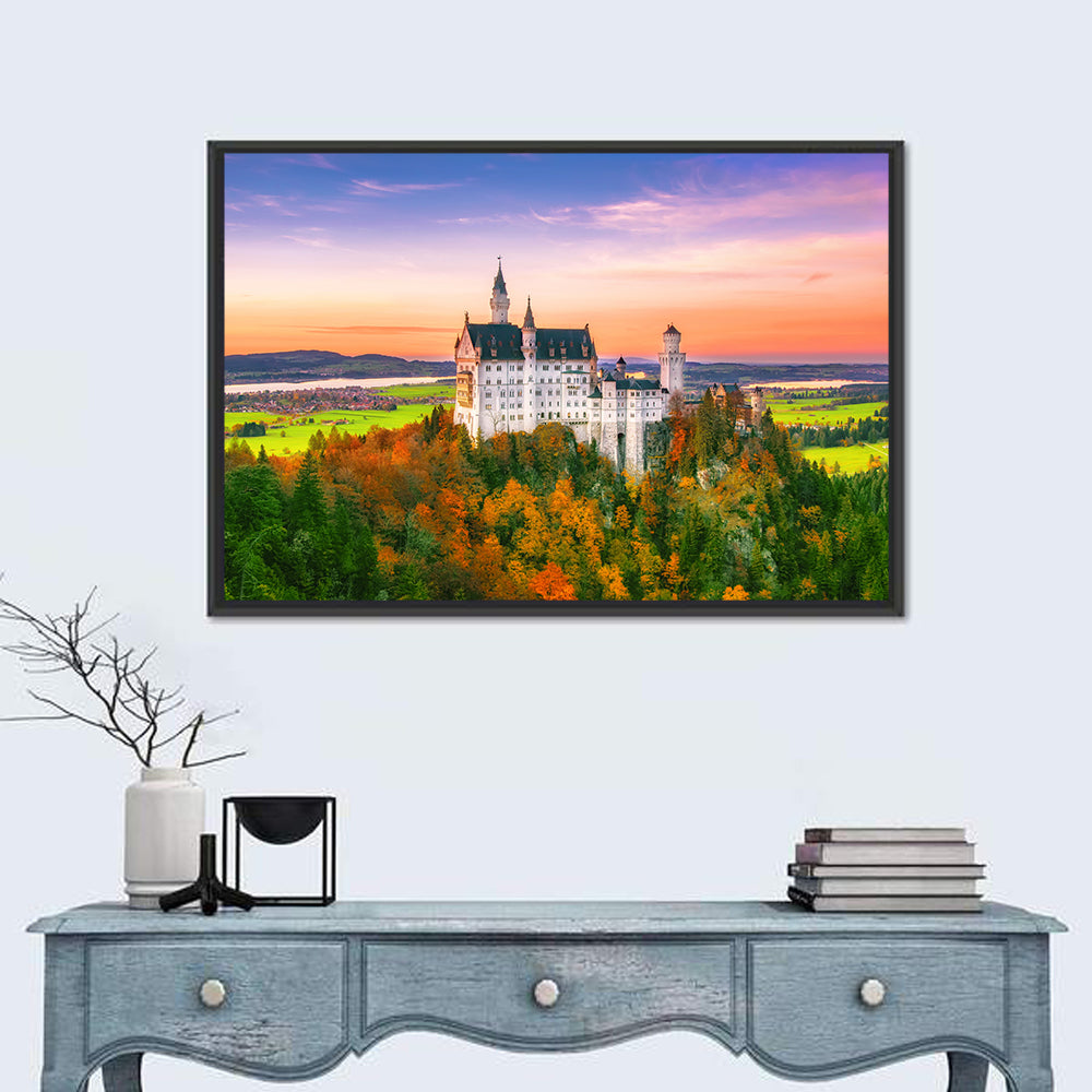 Neuschwanstein Castle at Autumn Sunset Wall Art in a room, landscape