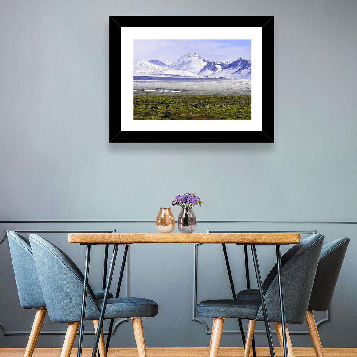 Icelandic Snow and Moss Landscape Wall Art in a room, landscape