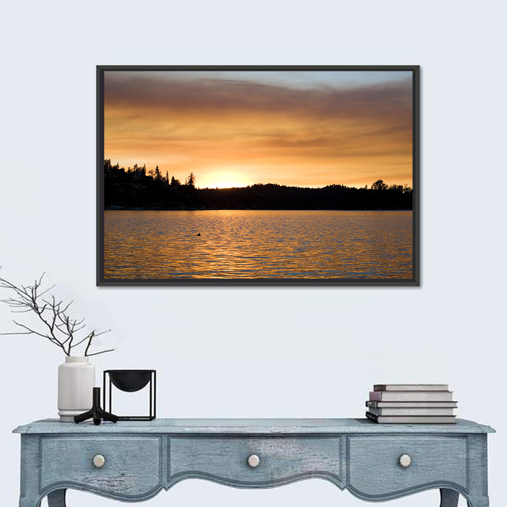 Lake Arrowhead Sunset Wall Art in a room, landscape