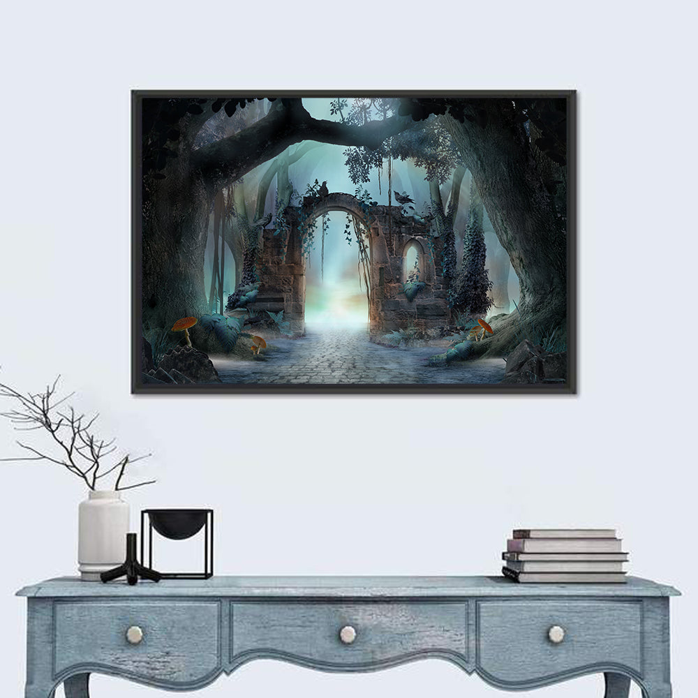 Enchanted Foggy Forest Wall Art in a room, landscape
