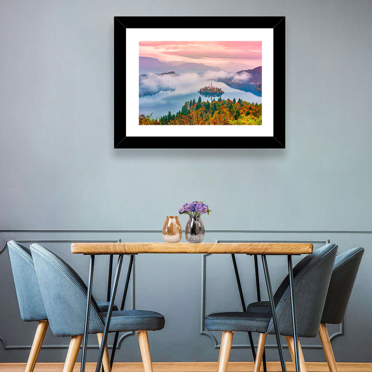 Misty Morning Over Lake Bled Wall Art in a room, landscape