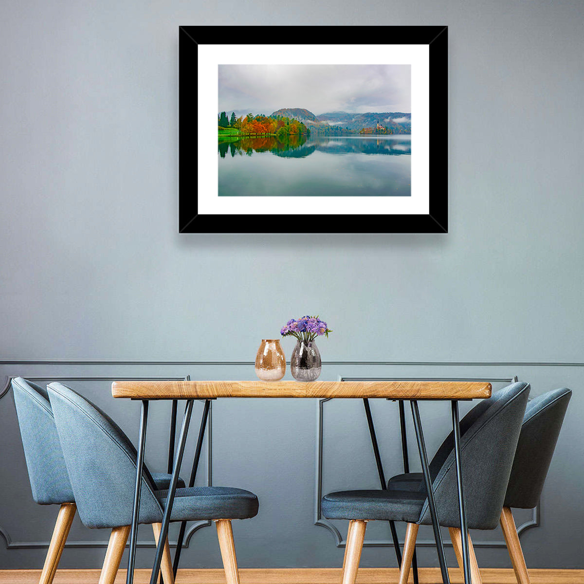 Lake Bled Island Church Wall Art in a room, landscape