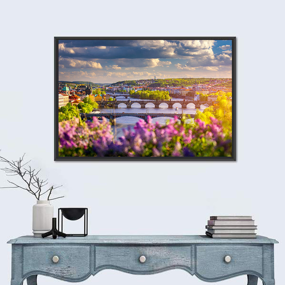 Prague Vltava Bridges in Spring Light Wall Art in a room, landscape