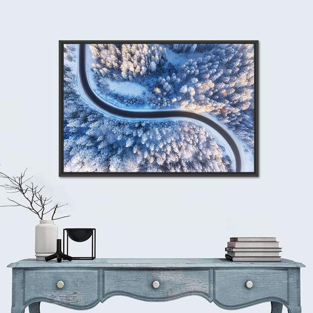 Snowy Forest Road at Golden Hour Wall Art in a room, landscape