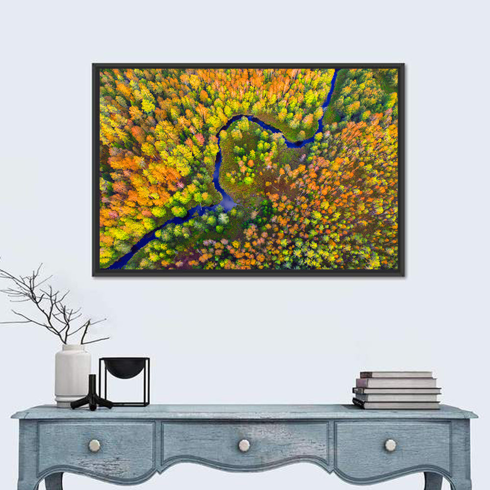 Winding Autumn River Wall Art in a room, landscape