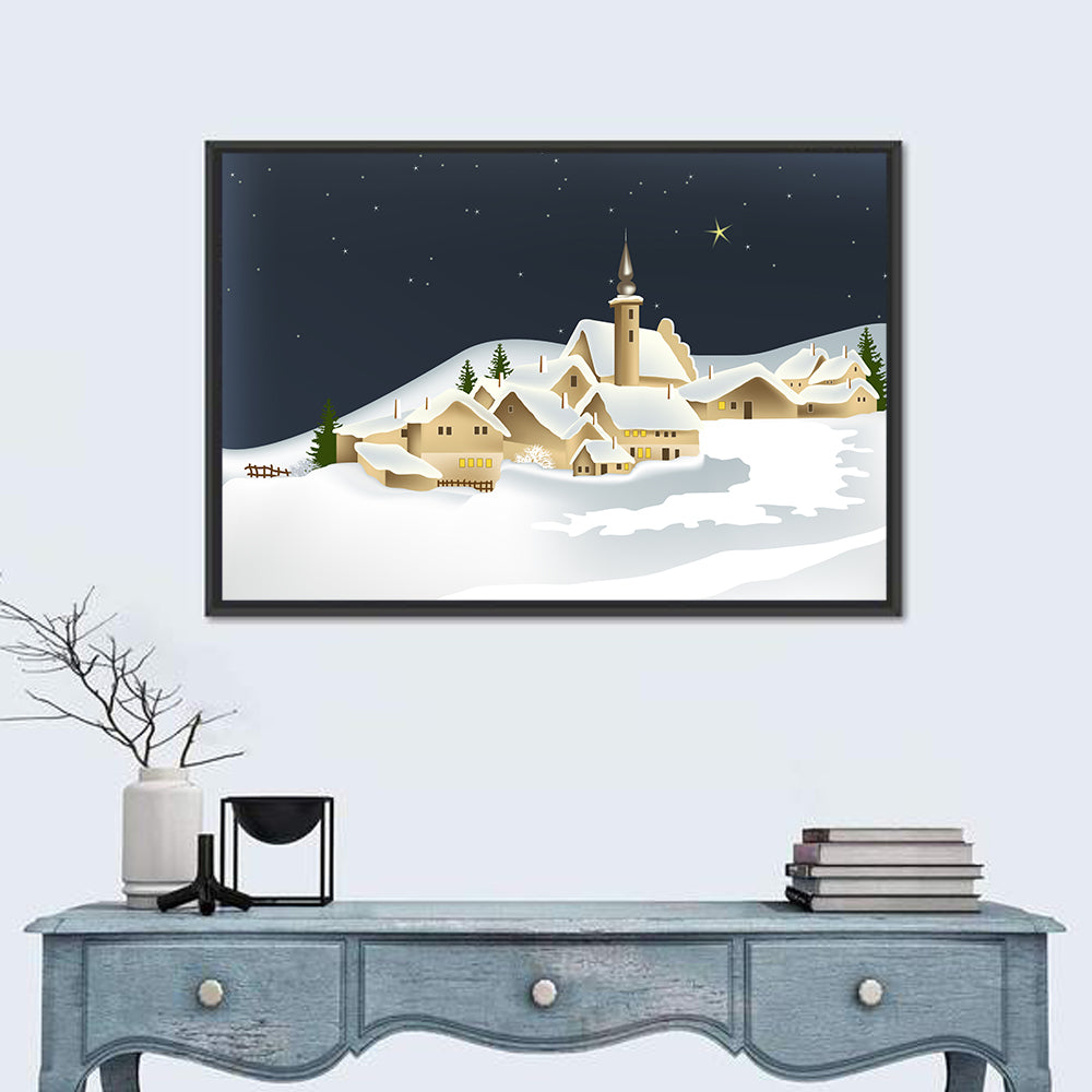 Winter Village Night Illustration Wall Art