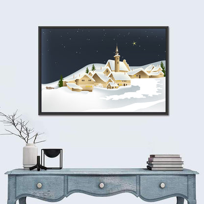 Winter Village Night Illustration Wall Art