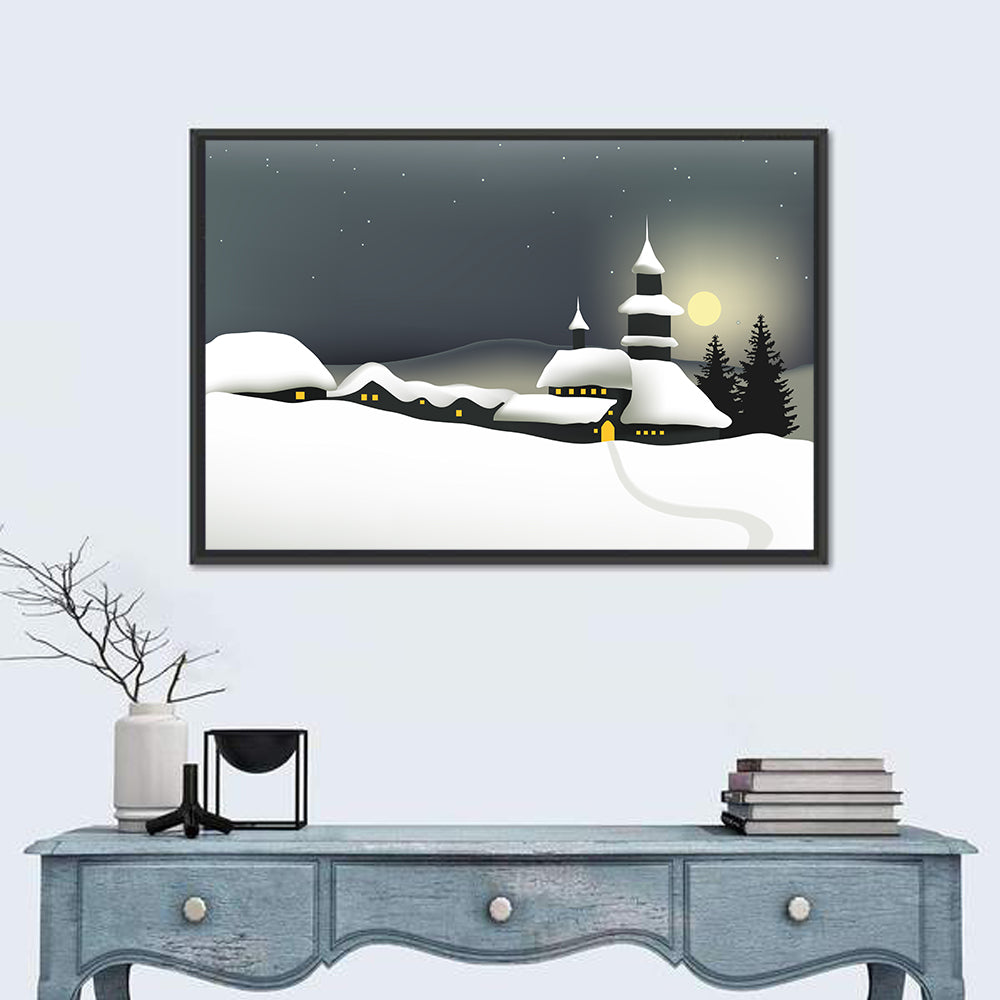 Moonlit Winter Village Illustration Wall Art in a room, landscape