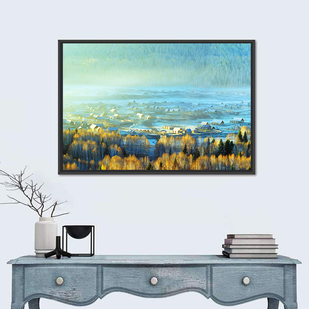 Misty Xinjiang Village Wall Art in a room, landscape