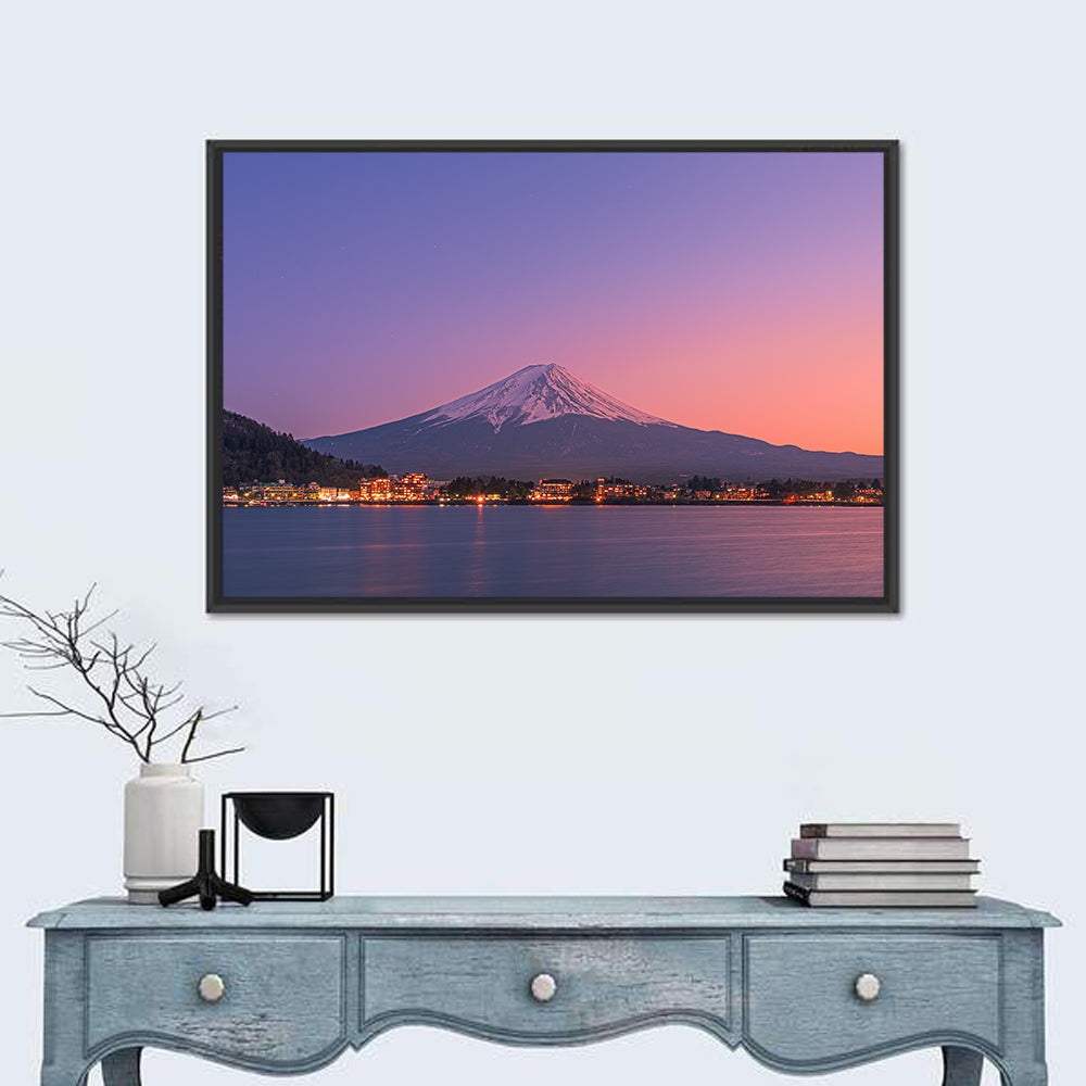 Mount Fuji Over Lake Kawaguchi Wall Art in a room, landscape