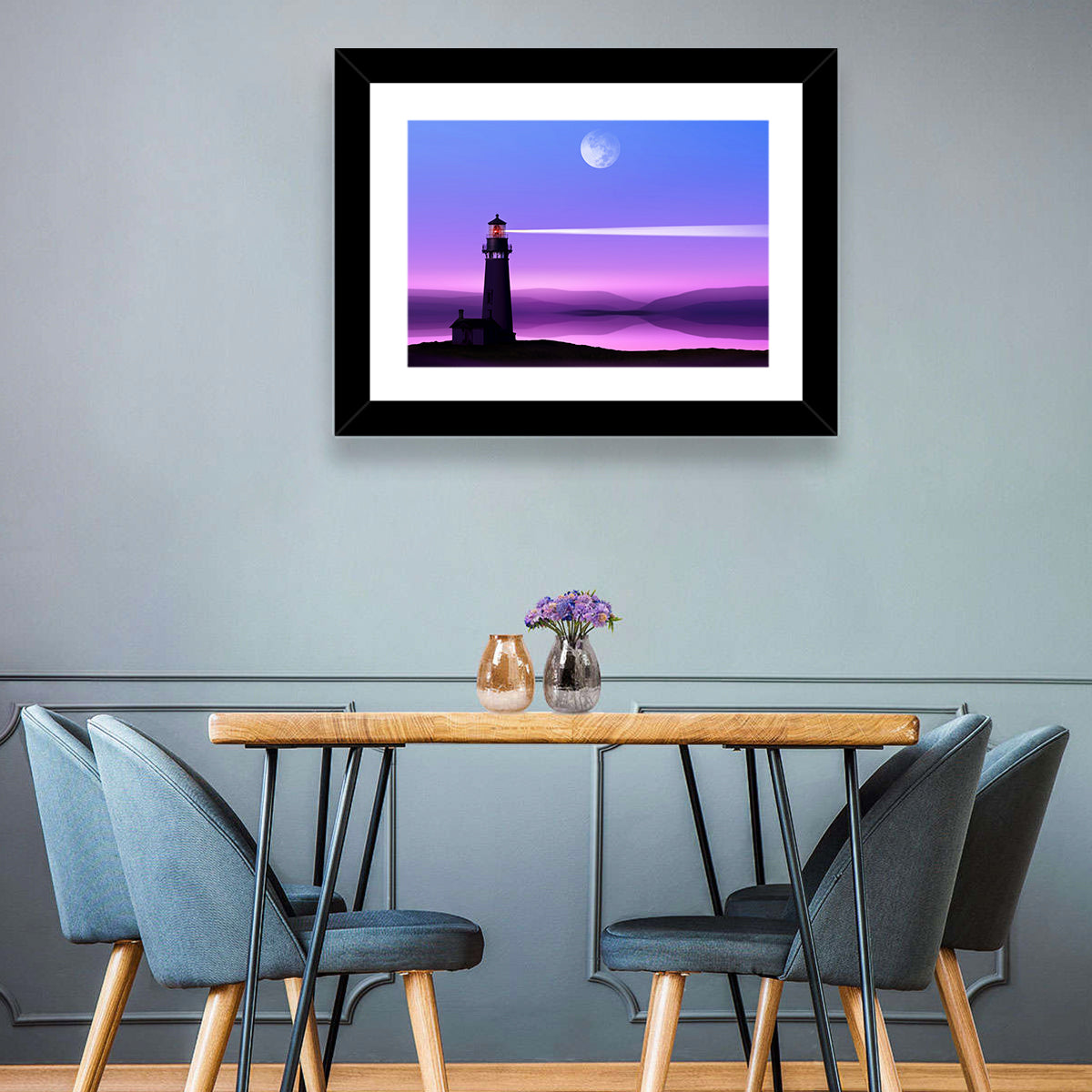 Moonlit Lighthouse Reflection Wall Art in a room, landscape