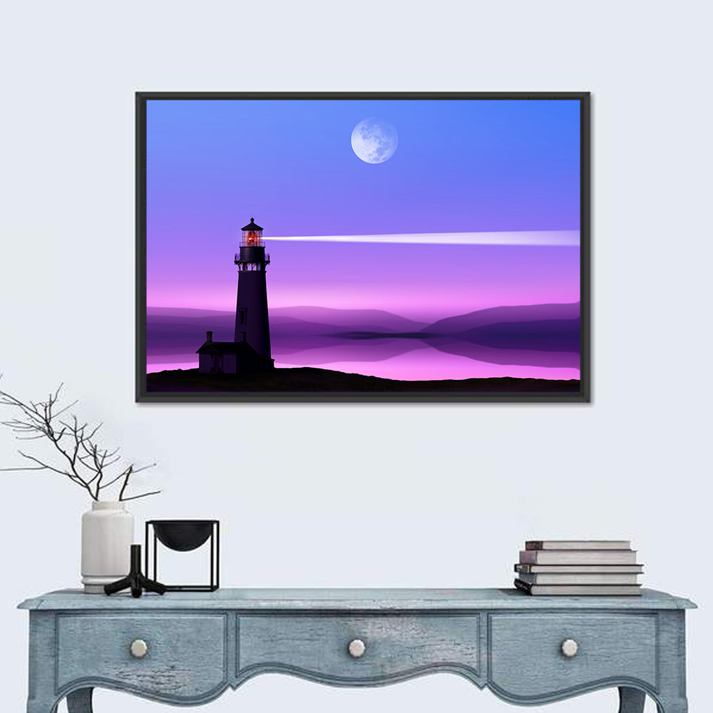 Moonlit Lighthouse Reflection Wall Art in a room, landscape