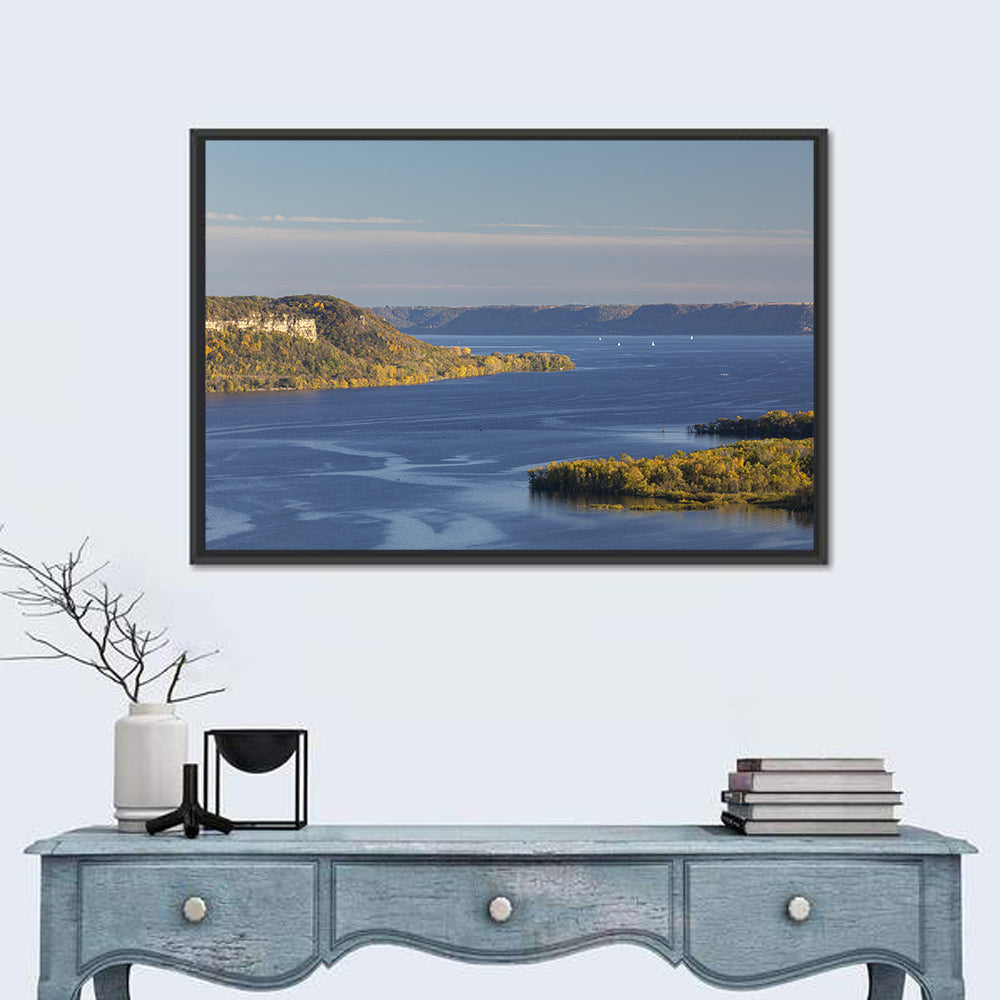 Mississippi River Autumn Panorama Wall Art in a room, landscape