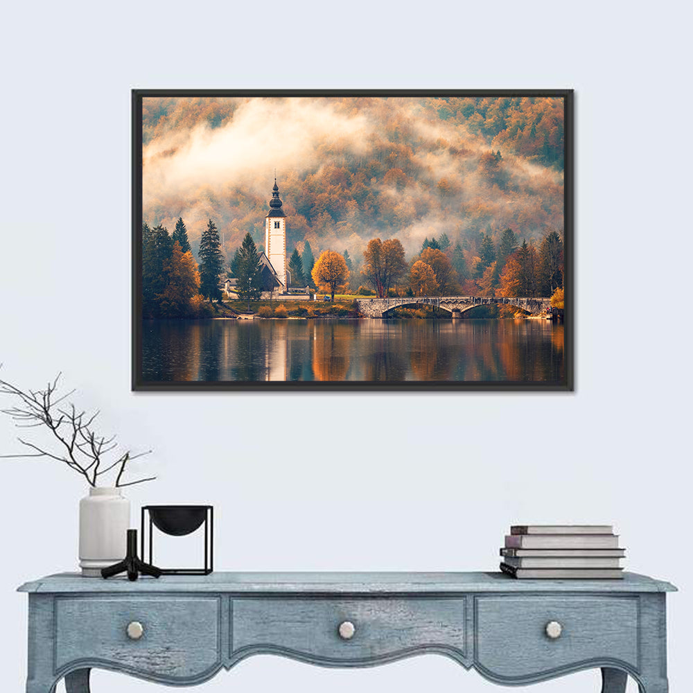 Lake Bohinj Foggy Morning Wall Art in a room, landscape